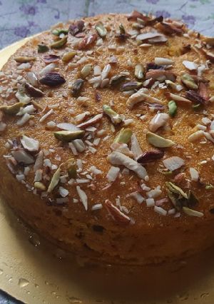 A picture of Alphonso mango sooji dry fruits cake.