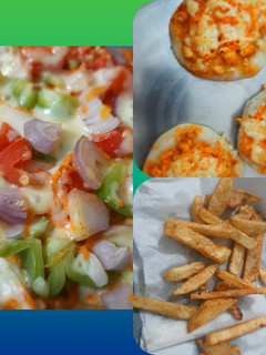 மினி பீட்சா உடன் உருளைக்கிழங்கு சிப்ஸ் (Mini pizza with urulaikilanku chips recipe in tamil) செய்முறை முக்கிய புகைப்படம்