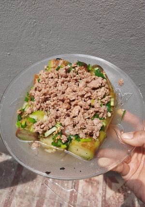 Hình của món Cà tím nướng mỡ hành thịt bằm.