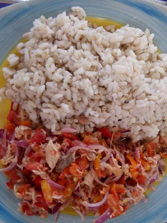 A picture of Ofada with tomato sauce and shredded chicken.