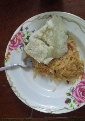 A picture of Ugali and fried cabbage.