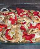 Setas ostra al horno con pimientos de piquillo