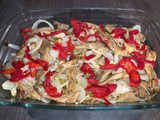 Setas ostra al horno con pimientos de piquillo