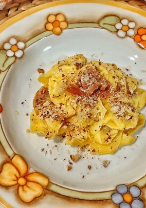 A picture of Tortellini with Butternut Squash, Prosciutto, and Hazelnuts.