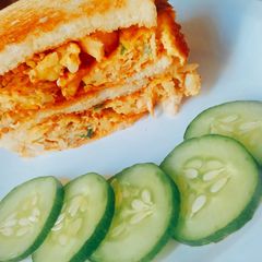 A picture of Leftover Chicken cutlet omelette sandwich.