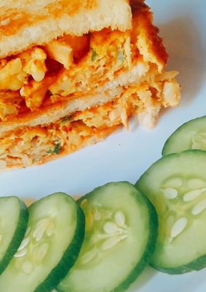 A picture of Leftover Chicken cutlet omelette sandwich.