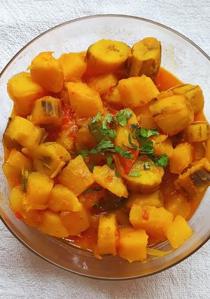 A picture of Mboga Ya Viazi Vitamu, Matoke Na Muhogo.. (Sweet Potato,Raw Banana And Cassava Curry).