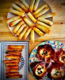Aperitivos con filo: Rollitos de queso y sardinitas, Cestas Caprese & Cigarritos de sobrasada y miel