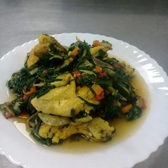 A picture of Boiled chicken with spinach.