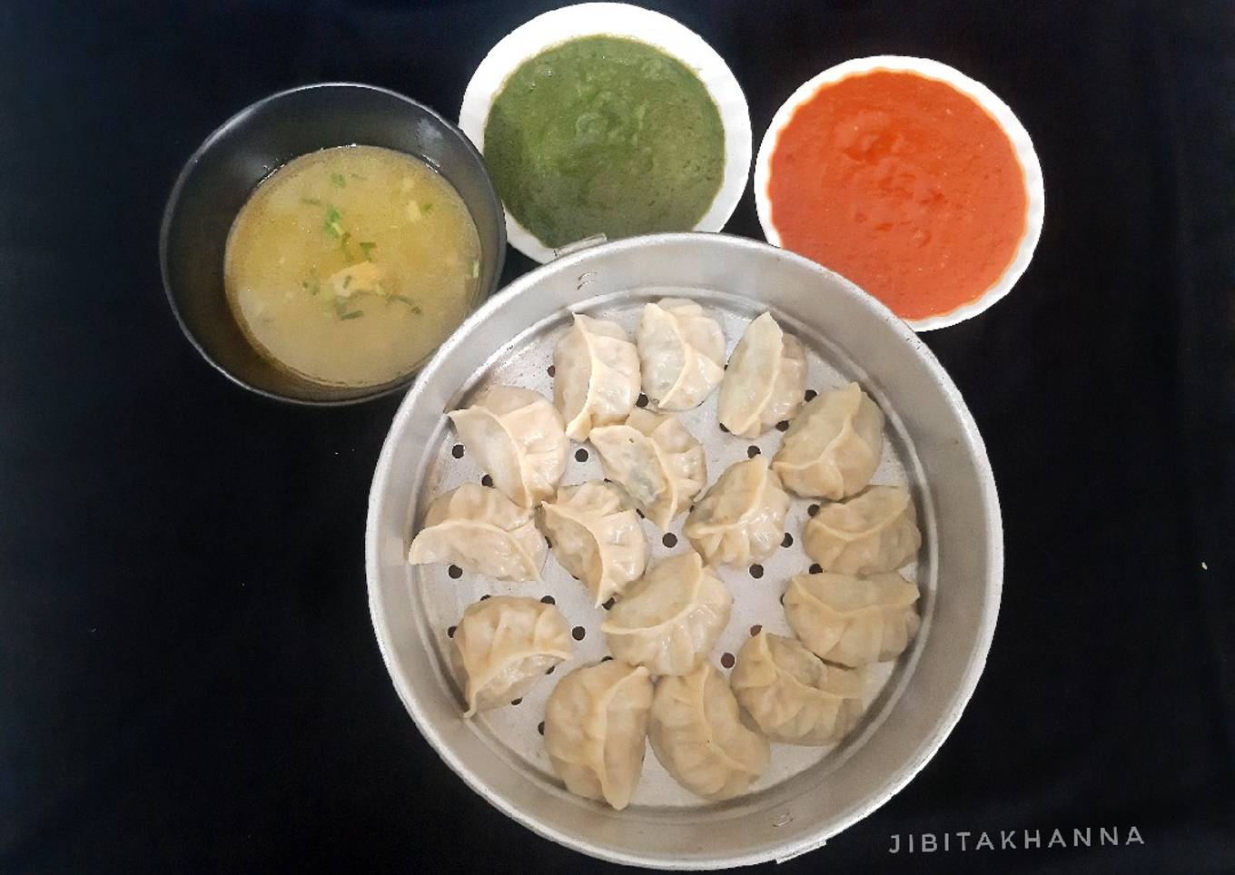 Chicken Scallion Momo with Clear Chicken Soup and Chutney