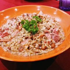 A picture of Rice and Ham Hock.