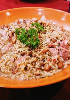 A picture of Rice and Ham Hock.