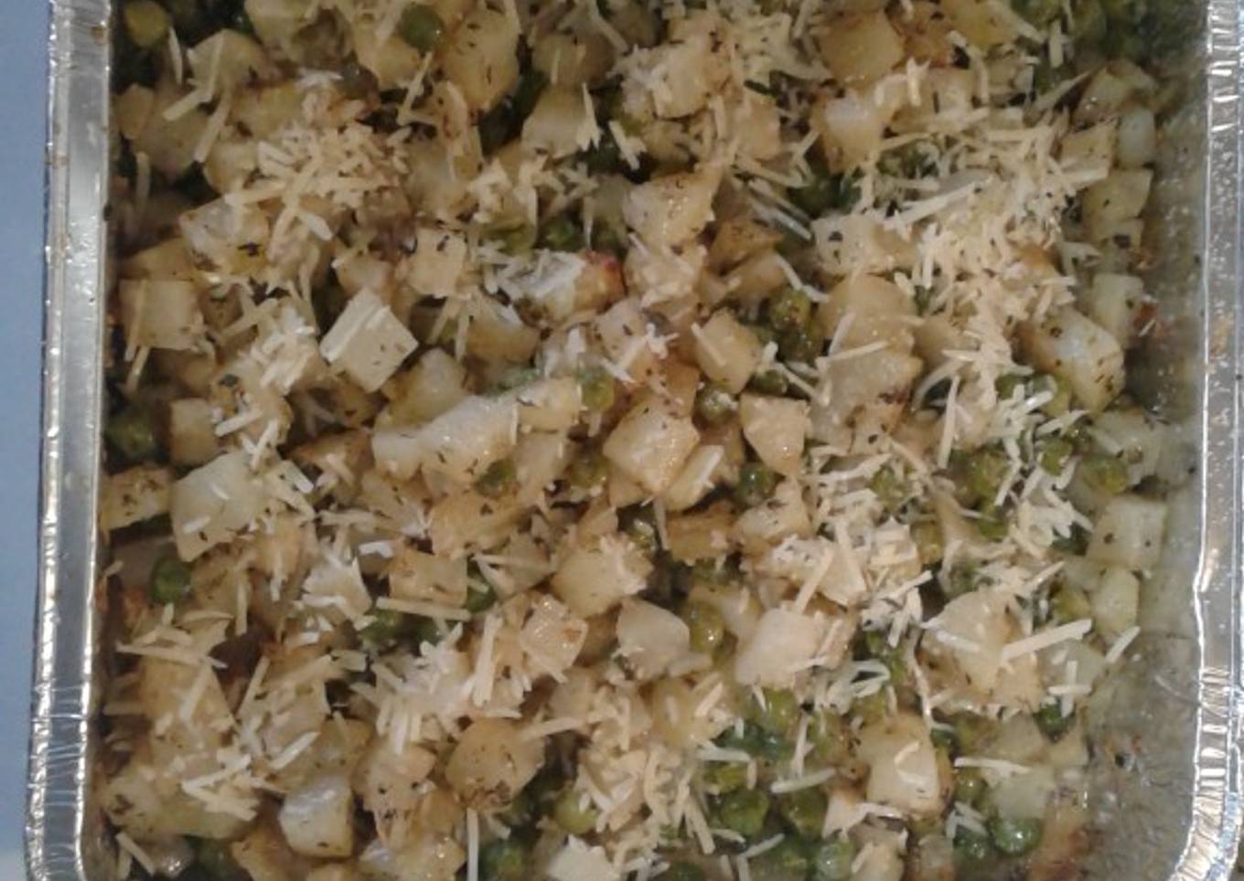 Roasted potatoes and peas