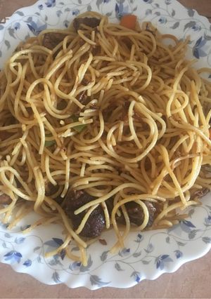 A picture of Leftover nyama choma spaghetti.