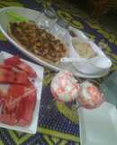 Chinese rice, pizza, watermelon and whipped cream