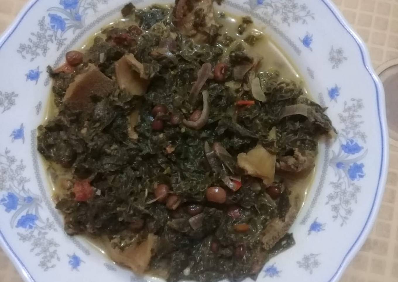 Mkundeleaves and matumbo in coconut milk