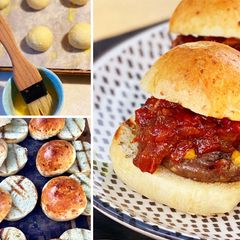 A picture of Wagyu Cheeseburger Sliders with Tomato and Bacon Jam.