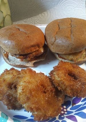A picture of Fried Sweet/Tart Apples and Pork Sandwiches.