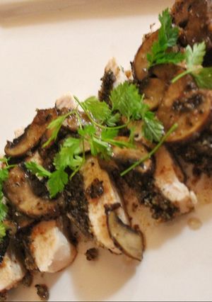 A picture of Turkey with a Wild Mushroom Crust.