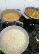 Mixed vegetable stew with minced meat, rice and a side of cabbage