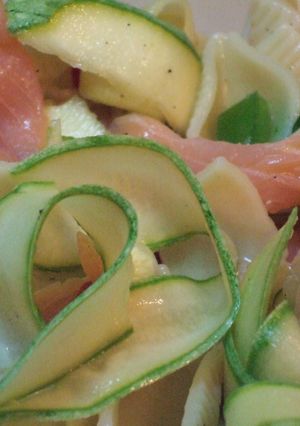 A picture of Pasta Salad with Smoked Salmon and Lemon-Marinated Zucchini.