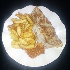 A picture of Chips with fried egg.