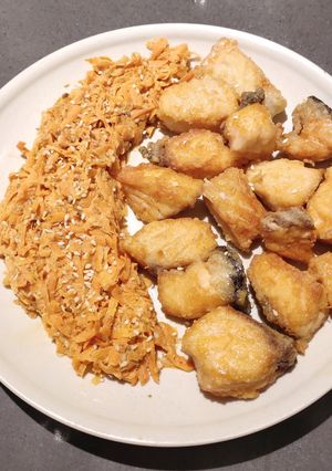 A picture of Crispy Fried Salmon with Sautéed Carrot.
