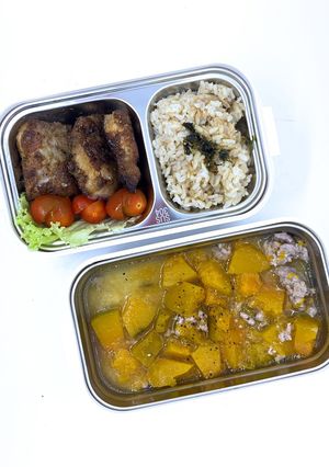Hình của món Cá phi lê chiên + canh bí đỏ thịt xay: Giảm cân - lunchbox - eat clean (373calo).