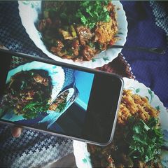 A picture of Pilau and beef stew.