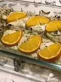 Dos d'églefin à l'orange et oignon de roscoff (marinade orange et cardamome)