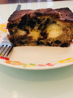 A picture of Choco Banana Bread with creme cheese filling.