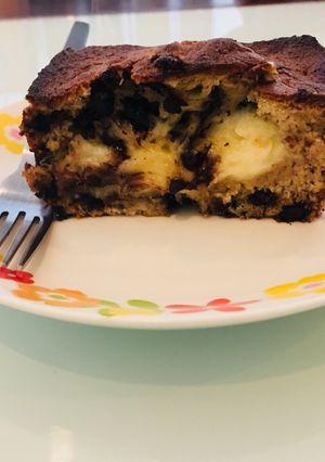 A picture of Choco Banana Bread with creme cheese filling.