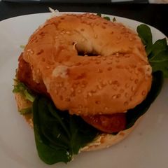 A picture of My Sausage, Salad & Melted Cheese Bagel. 😆#Lunch#Brunch.