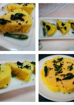 A picture of Dhokla (Yellow lentil Savory Cake).