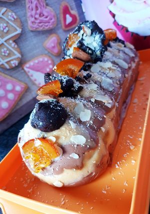 A picture of Chocolate Salted Caramel Cheesecake Yule Log with Speculoos and Cream Cheese.