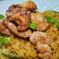 A picture of Asian Fusion Pasta with Chicken Popcorn.