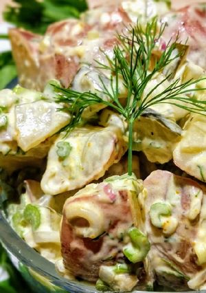 A picture of Creamy dill pickle potato salad.