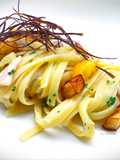Linguine with Swordfish, Yellow Grape Tomatoes, Eggplant, and Crispy Fried Eggplant Skin