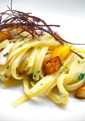 A picture of Linguine with Swordfish, Yellow Grape Tomatoes, Eggplant, and Crispy Fried Eggplant Skin.