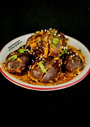 A picture of Authentic Maharastrian Bharli Vangi - Stuffed Brinjal - Eggplant.