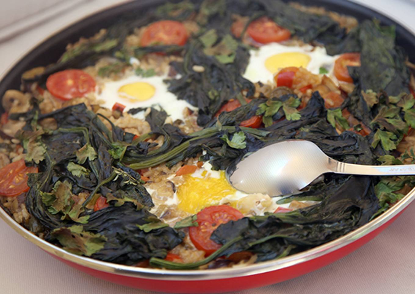 Rice with vegetables, wild mushrooms, eggs and Olive Oil from Spain recipe