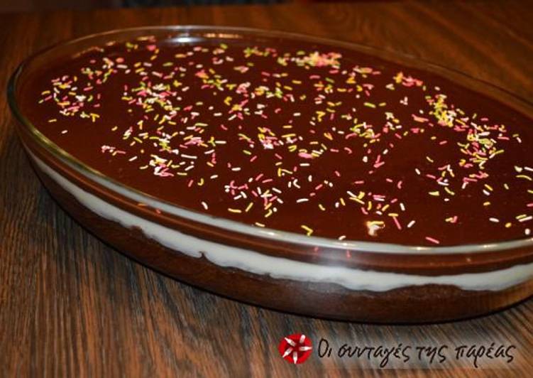 Karidopita with pudding and chocolate glaze