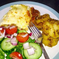 A picture of Beef Lasagne served with slow cooked potatoes #potatoescontest.