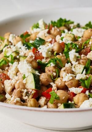 A picture of Fresh Greek Chickpea Salad with Feta and Herbs.