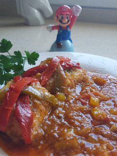 Una foto de Bacalao con sofrito de pimientos