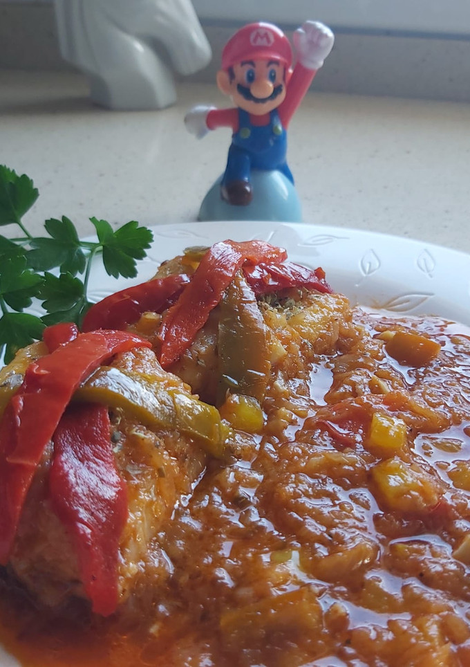 Una foto de Bacalao con sofrito de pimientos
