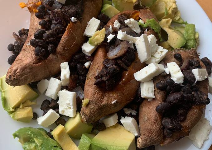 Black bean, avocado and feta stuffed sweet potatoes (vegetarian)