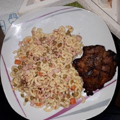 A picture of Noodle Salad and Grilled Steak.