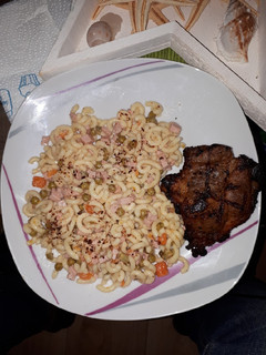 A picture of Noodle Salad and Grilled Steak.