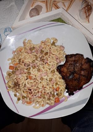 A picture of Noodle Salad and Grilled Steak.